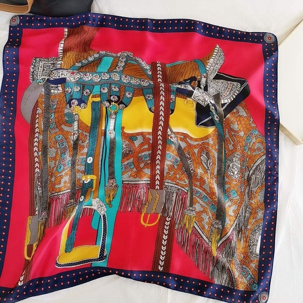 Silk Feeling Scarf Medium Square Satin Head 01 Dark Blue Edge - Picture 2 of 7